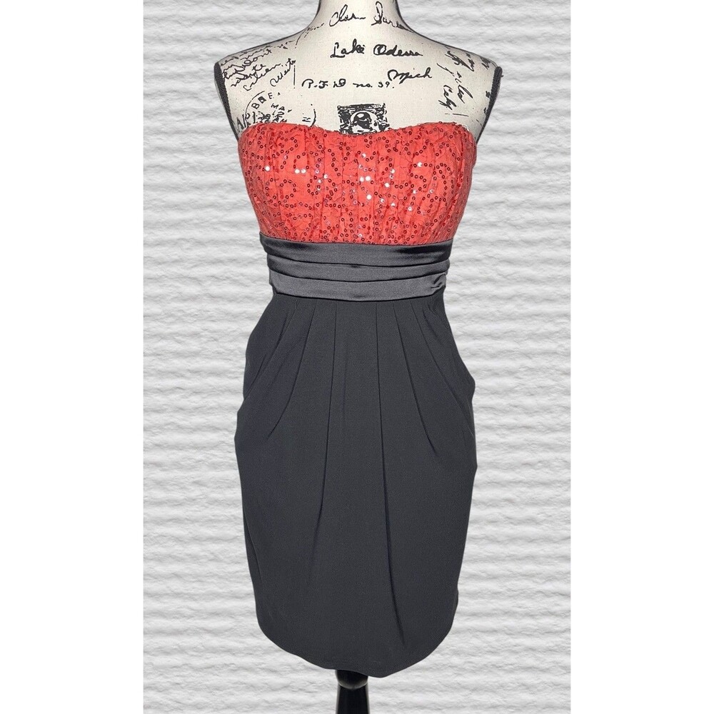 Vtg Deb Y2K Strapless Mini Dress Womens MED Peach Black High Waist Sequin 90s